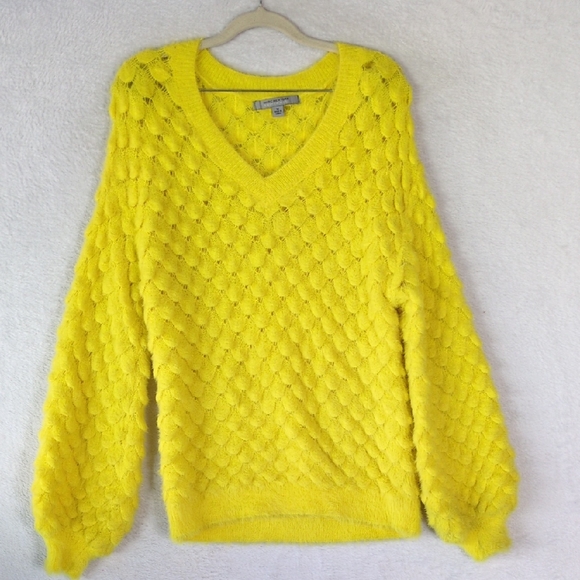 Andrew Marc Women's Neon Yellow Faux Fur Balloon‎ Sleeve Sweater Size M - Picture 1 of 6